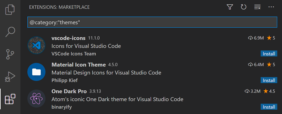 Searching for themes in the Extensions view