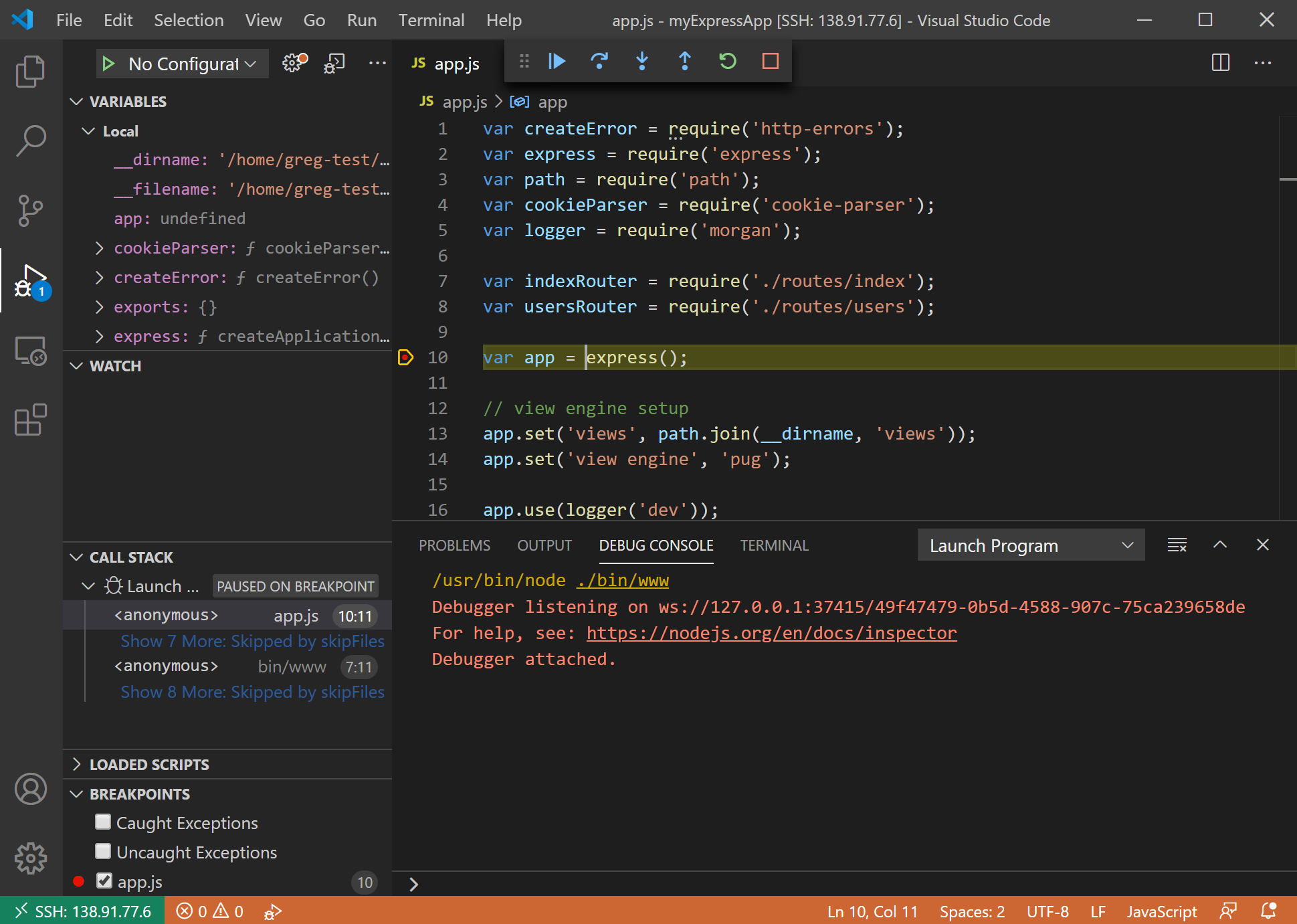 VS Code debug view