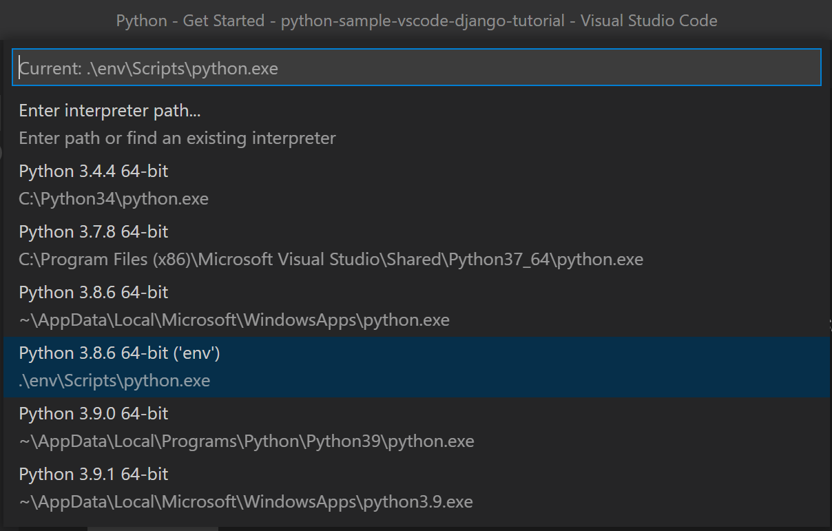 Flask tutorial: selecting the virtual environment for Python
