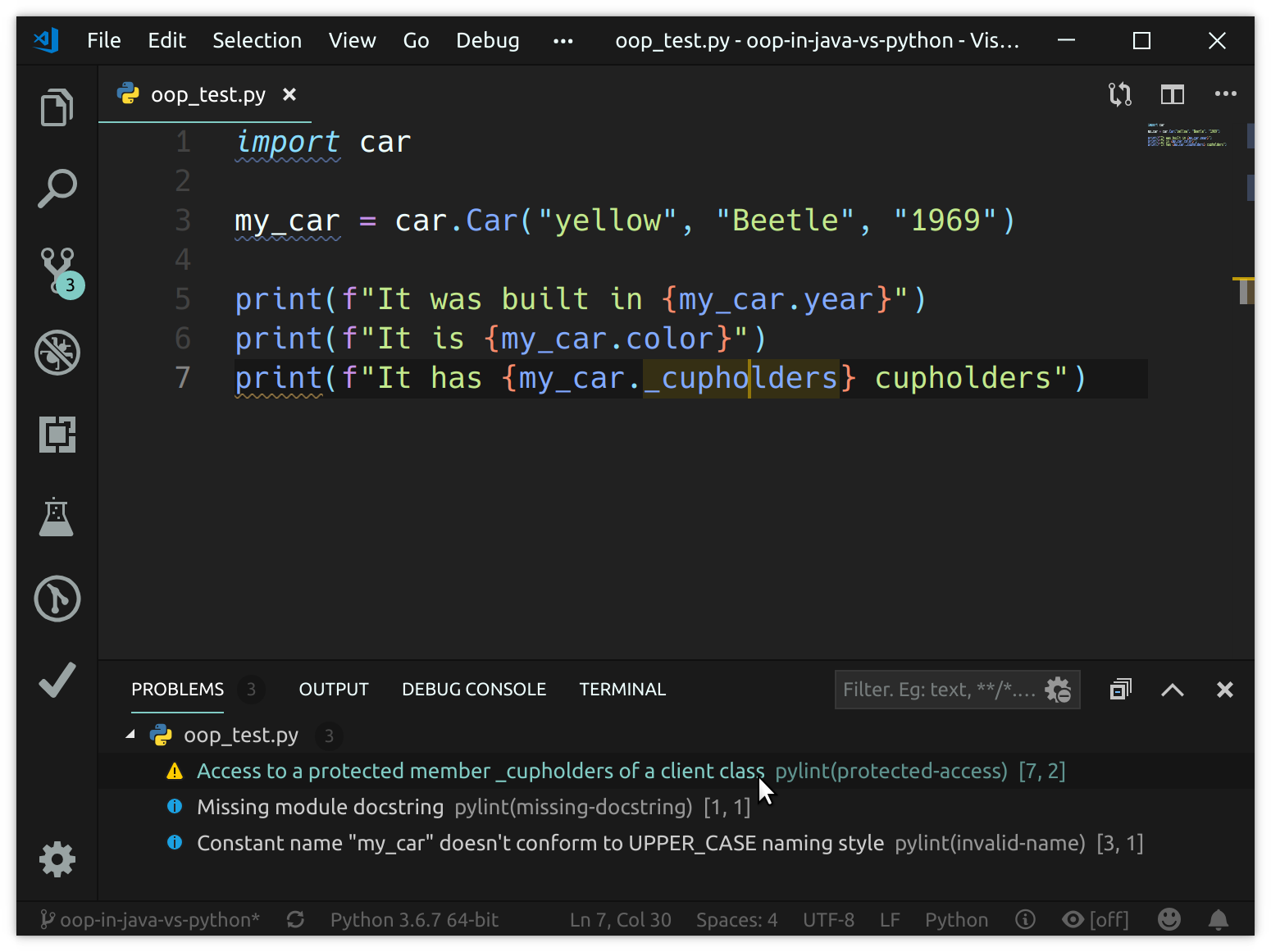 Linter highlighting a PEP8 issue in Python.