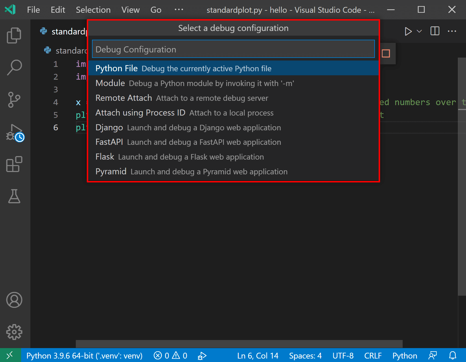 Debug configurations menu