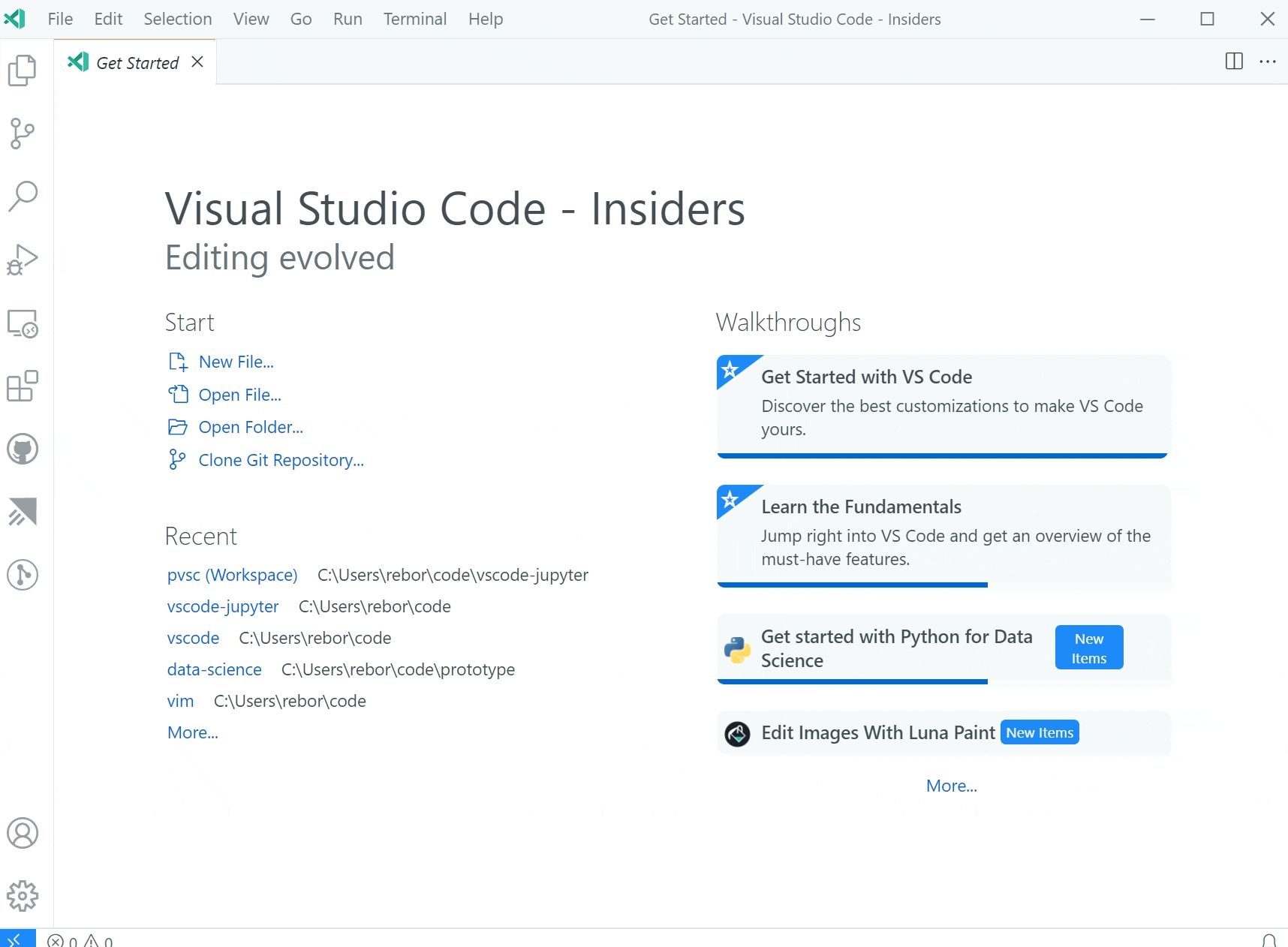 New notebooks via File menu
