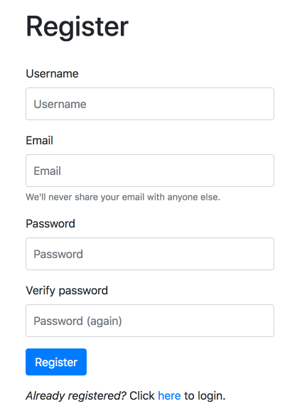 Registration form Home page