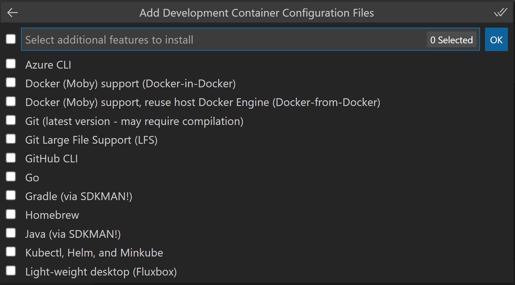 Dev container features in Command Palette