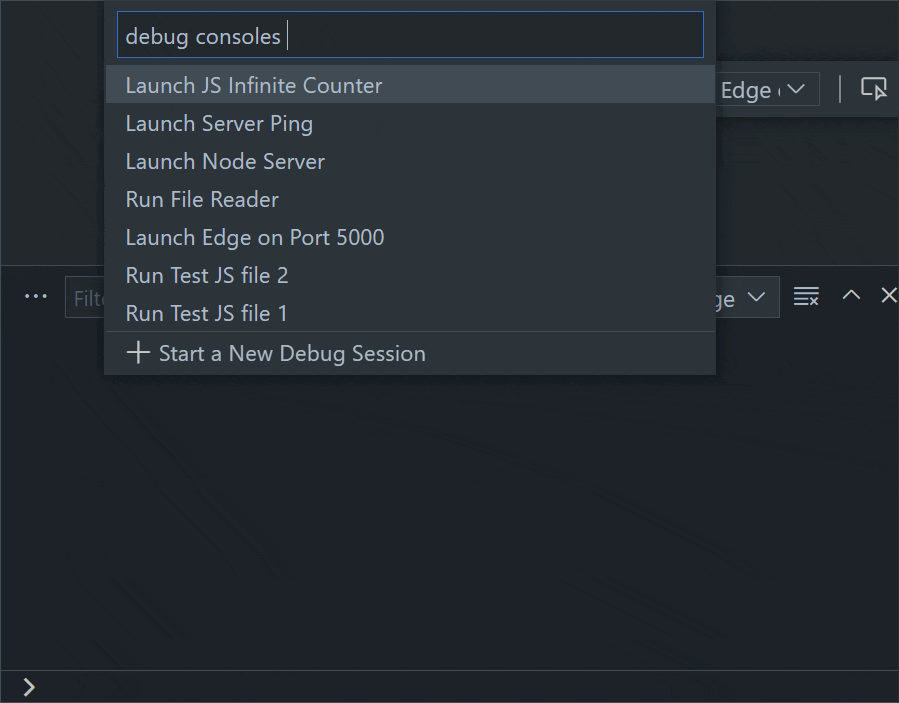 filtering and selecting a Debug Console from the Quick Access list