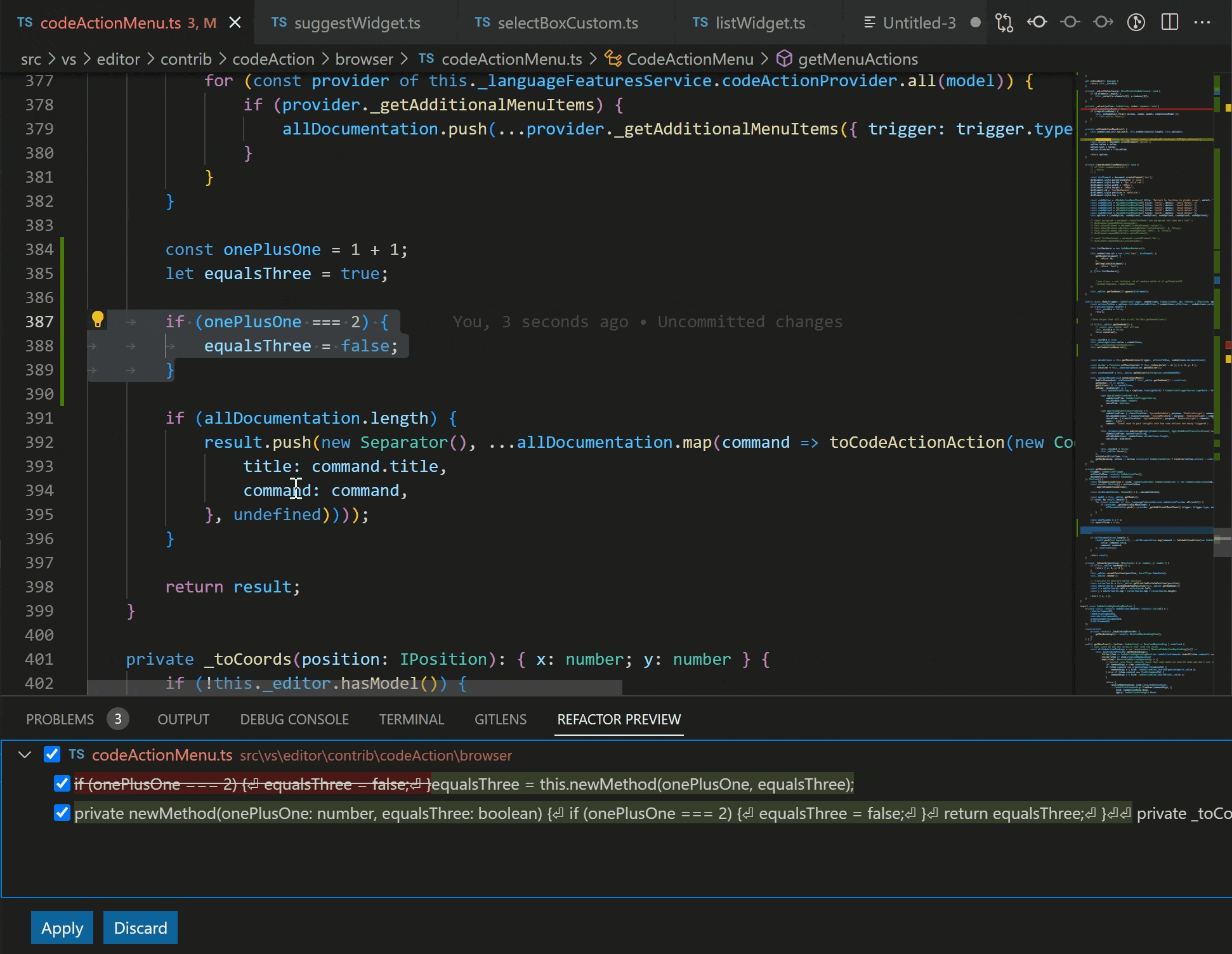 Selecting a refactor preview that opens an editor diff view