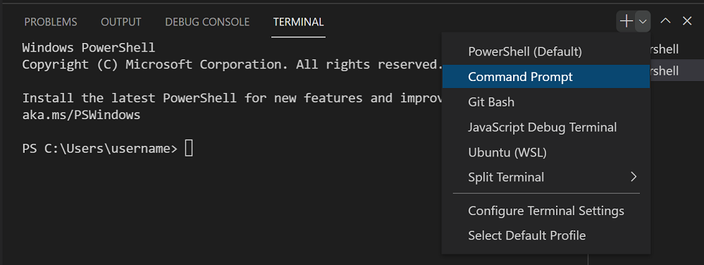 Integrated terminal shell selection dropdown