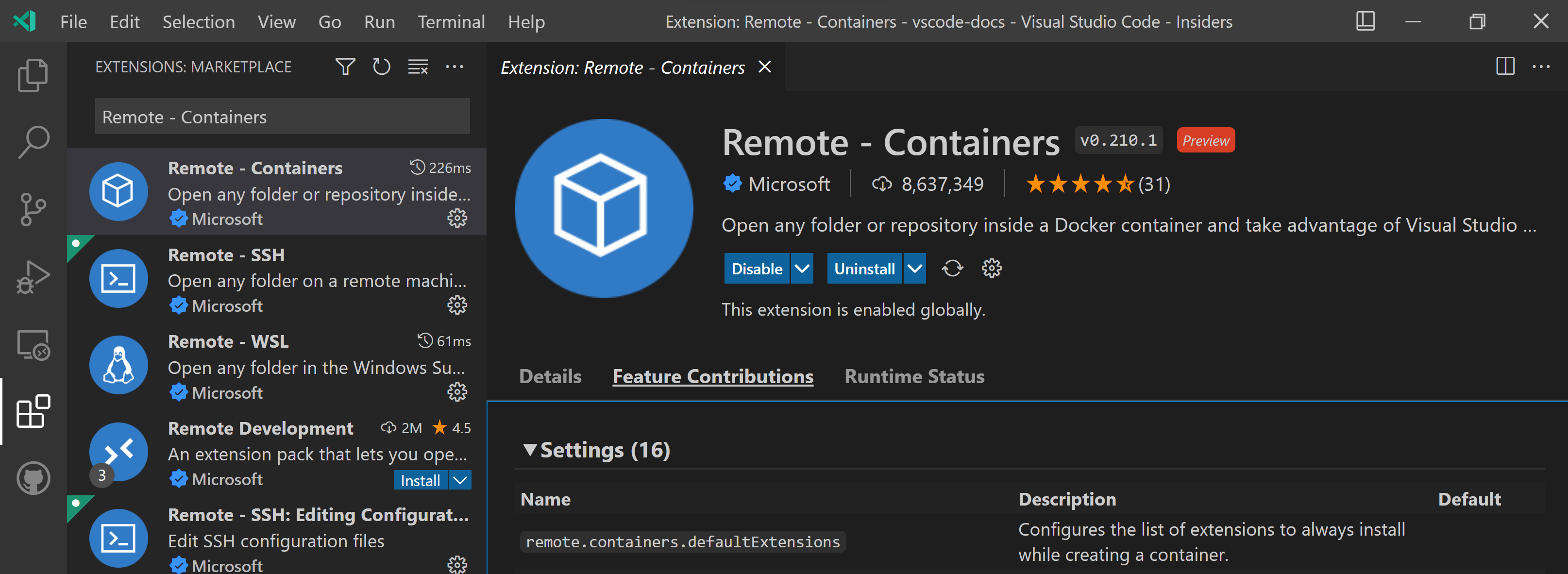 List of settings in Feature Contributions