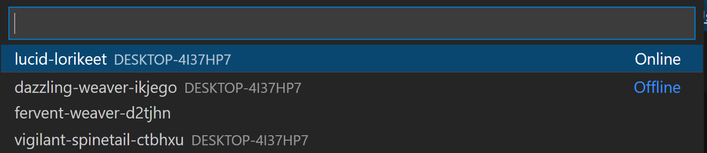 VS Code Command Palette with remote servers listed