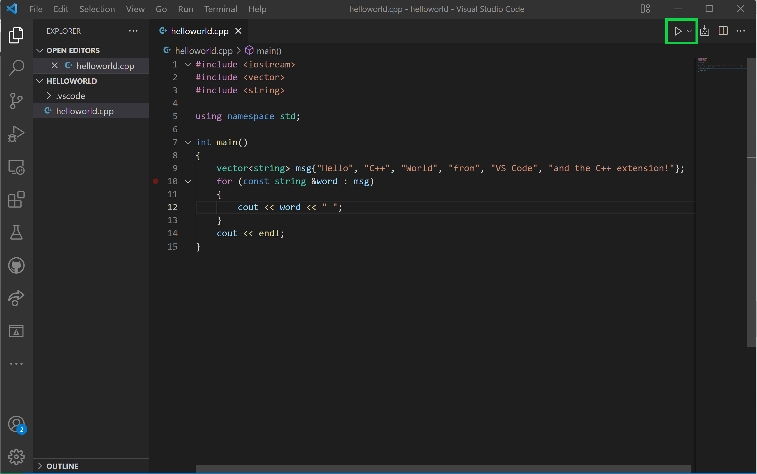 Screenshot of helloworld.cpp and play button
