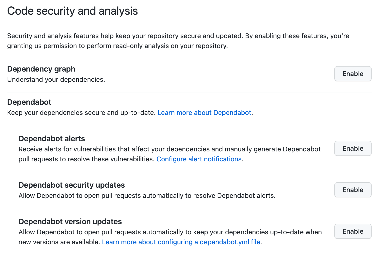 Screenshot of "Code security and analysis" section with button to enable Dependabot security updates