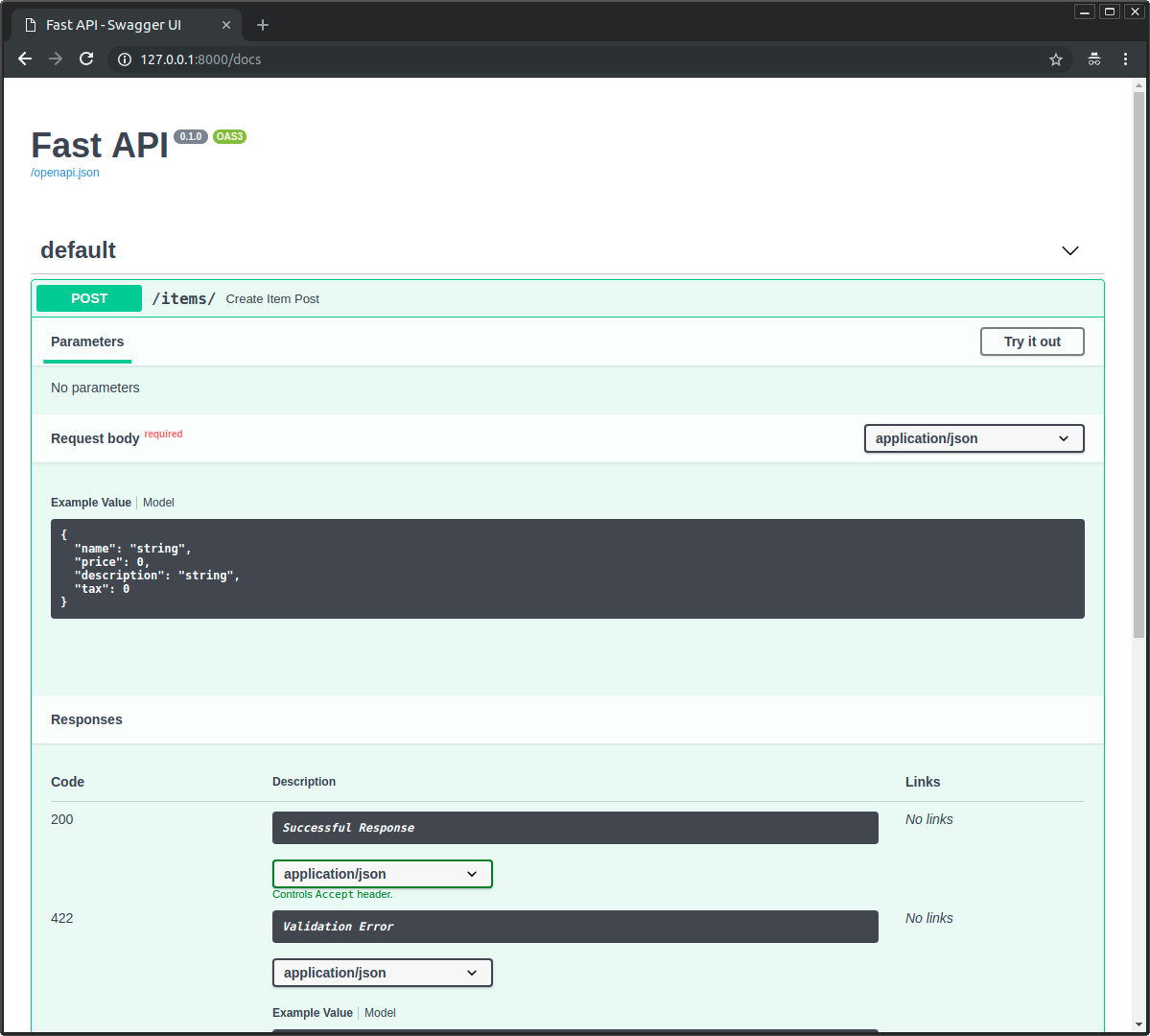 JSON Schema from pydantic models is included in each path operation in the API docs UI