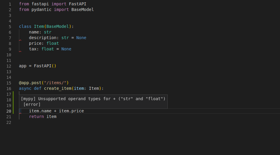 Editors provide error checks for pydantic models