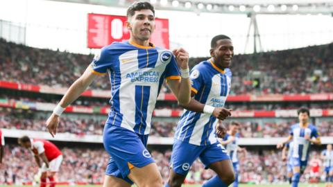 Julio Enciso celebrates giving Brighton the lead at Arsenal in the Premier League