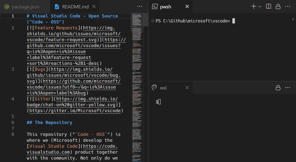 Terminal editors are can be layed out using the editor group layout system, for example 2 terminals could sit to the right of a text editor