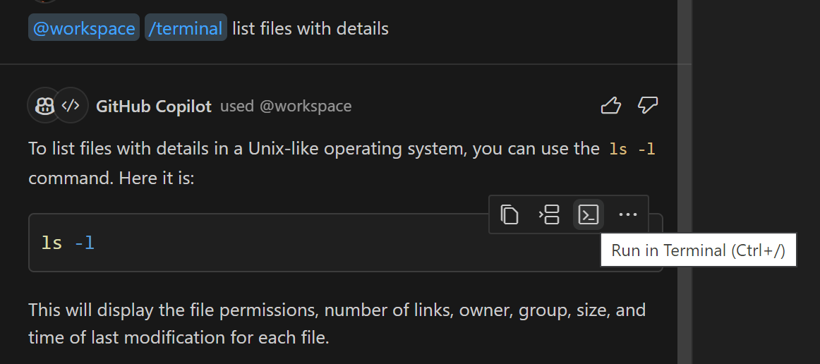 Copilot Chat code block to list files with Run in Terminal option visible