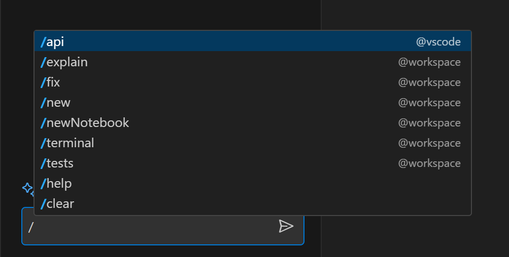 Copilot slash command list in chat