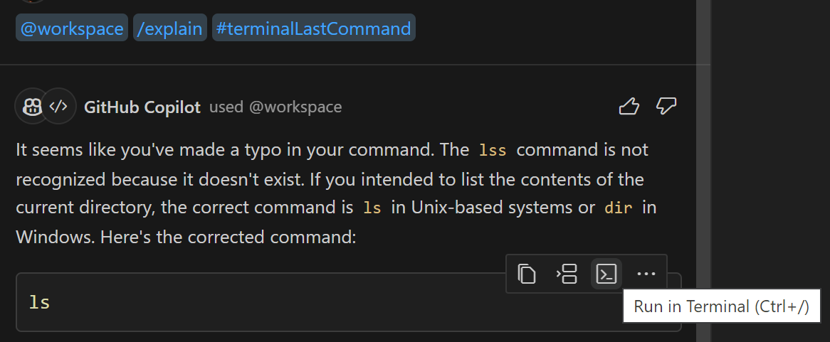 Chat view with @workspace /explain #terminalLastCommand and Copilot's answer