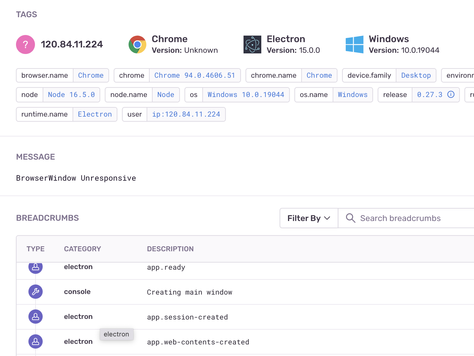 Screenshot of Sentry crash reporting (https://sentry.io). Shows the error message
('BrowserWindow Unresponsive'), user breadcrumbs, and user information.