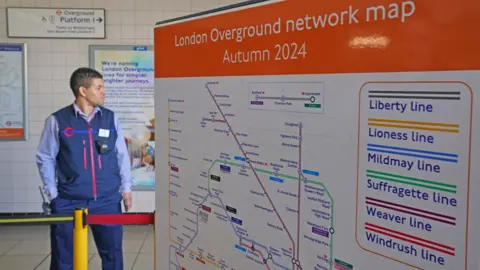 A new London Overground network map which was unveiled by Mayor of London Sadiq Khan during a visit to Highbury and Islington underground station, north London, to announce that London Overground services will be split into separate lines, which will be given individual names and colours to make the network easier to navigate.