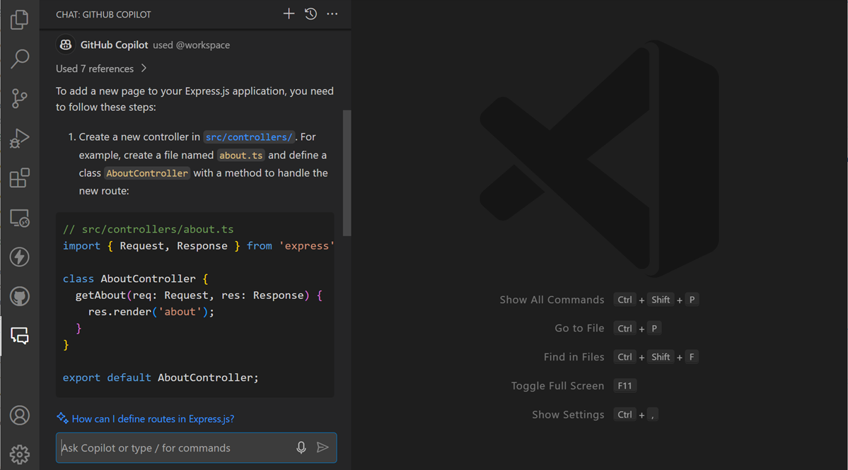 Copilot Chat provides step-by-step guidance about adding a page to an Express app