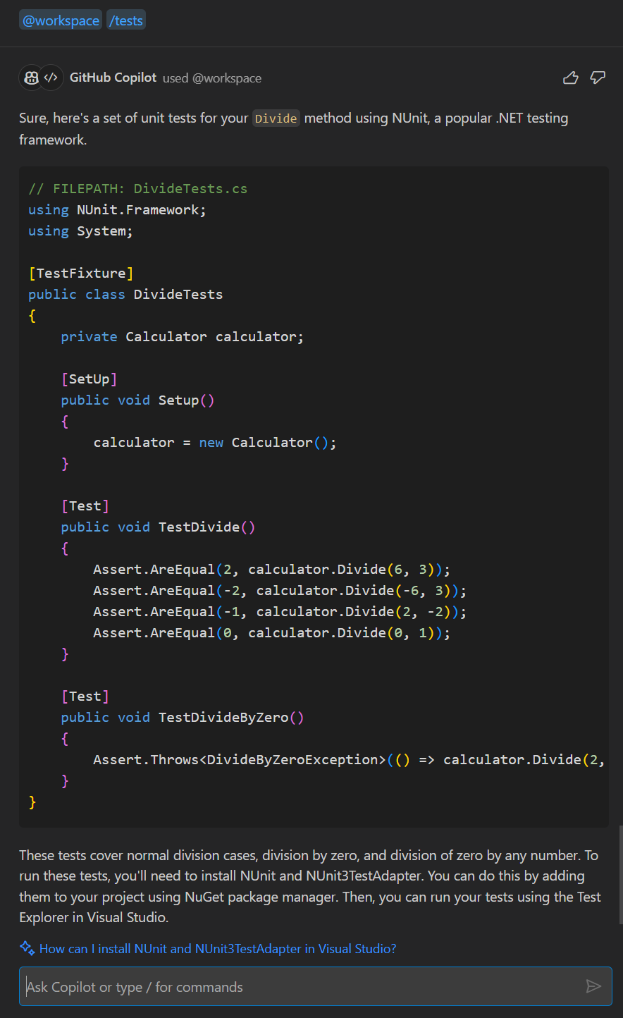 Chat view showing the /tests slash command to generate unit tests for the Divide method in a C# calculator class