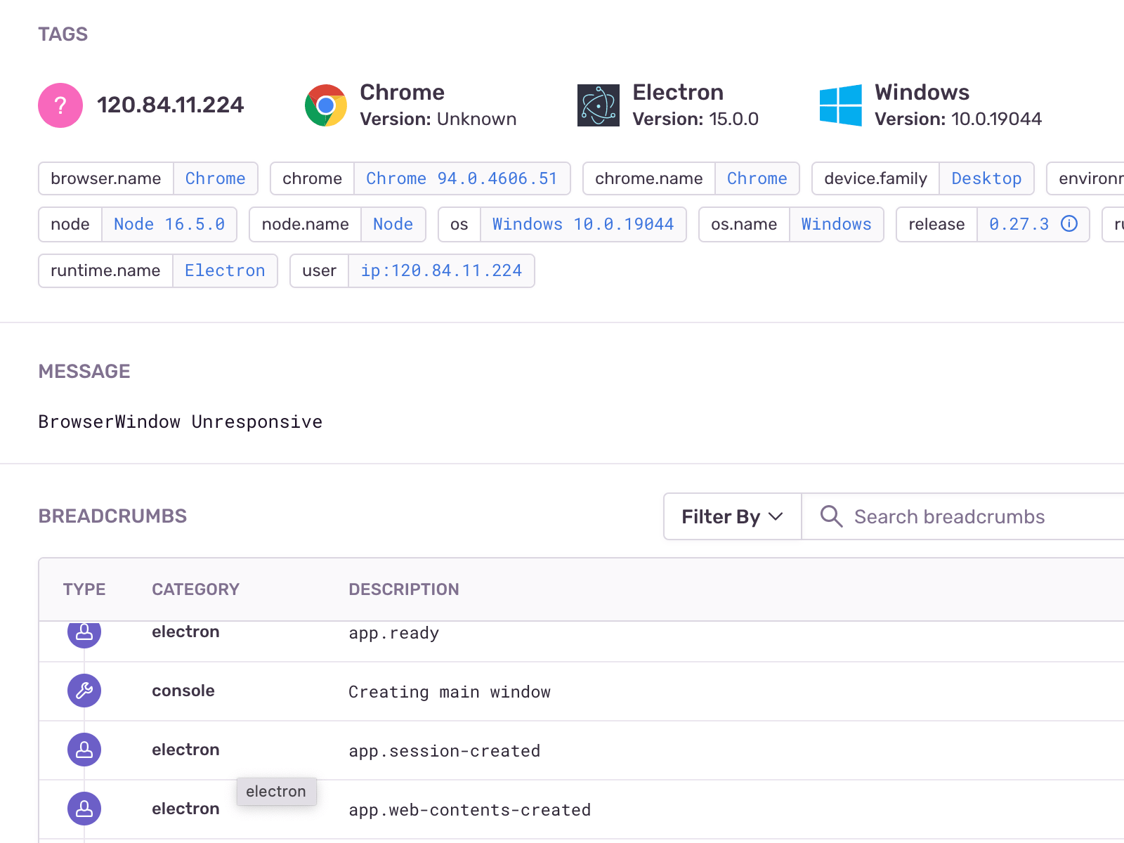 Screenshot of Sentry crash reporting (https://sentry.io). Shows the error message
('BrowserWindow Unresponsive'), user breadcrumbs, and user information.