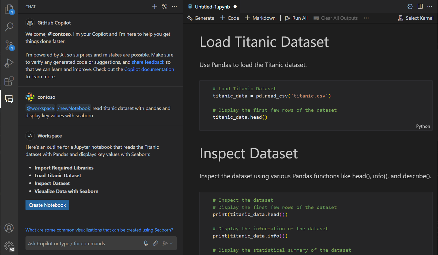 Asking the @workspace agent to scaffold a new notebook that reads titanic data, and visualizes with Seaborn