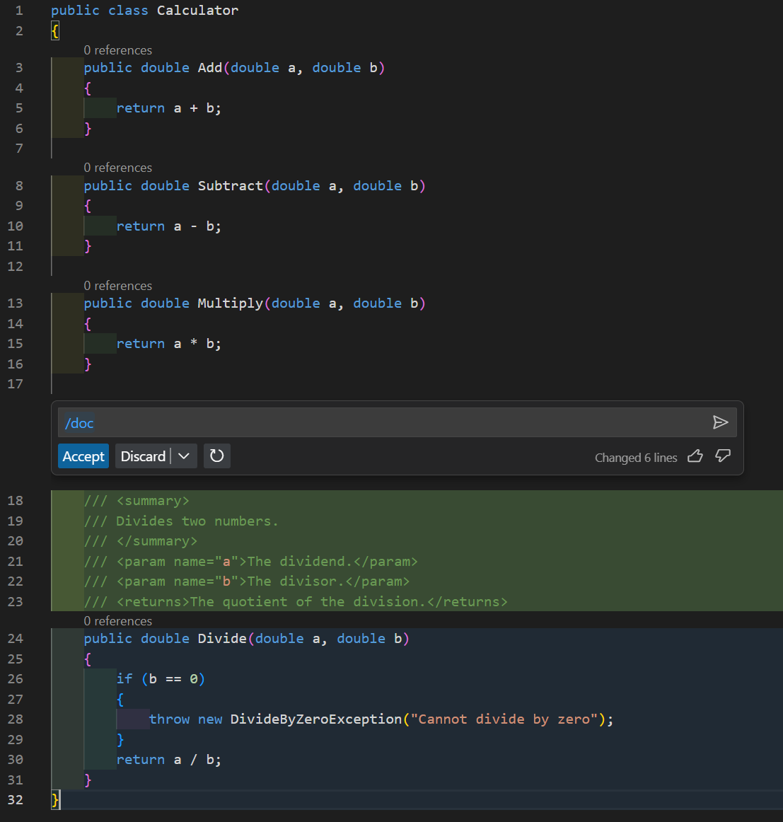 Inline chat /doc example to generate documentation code comments for a calculator class