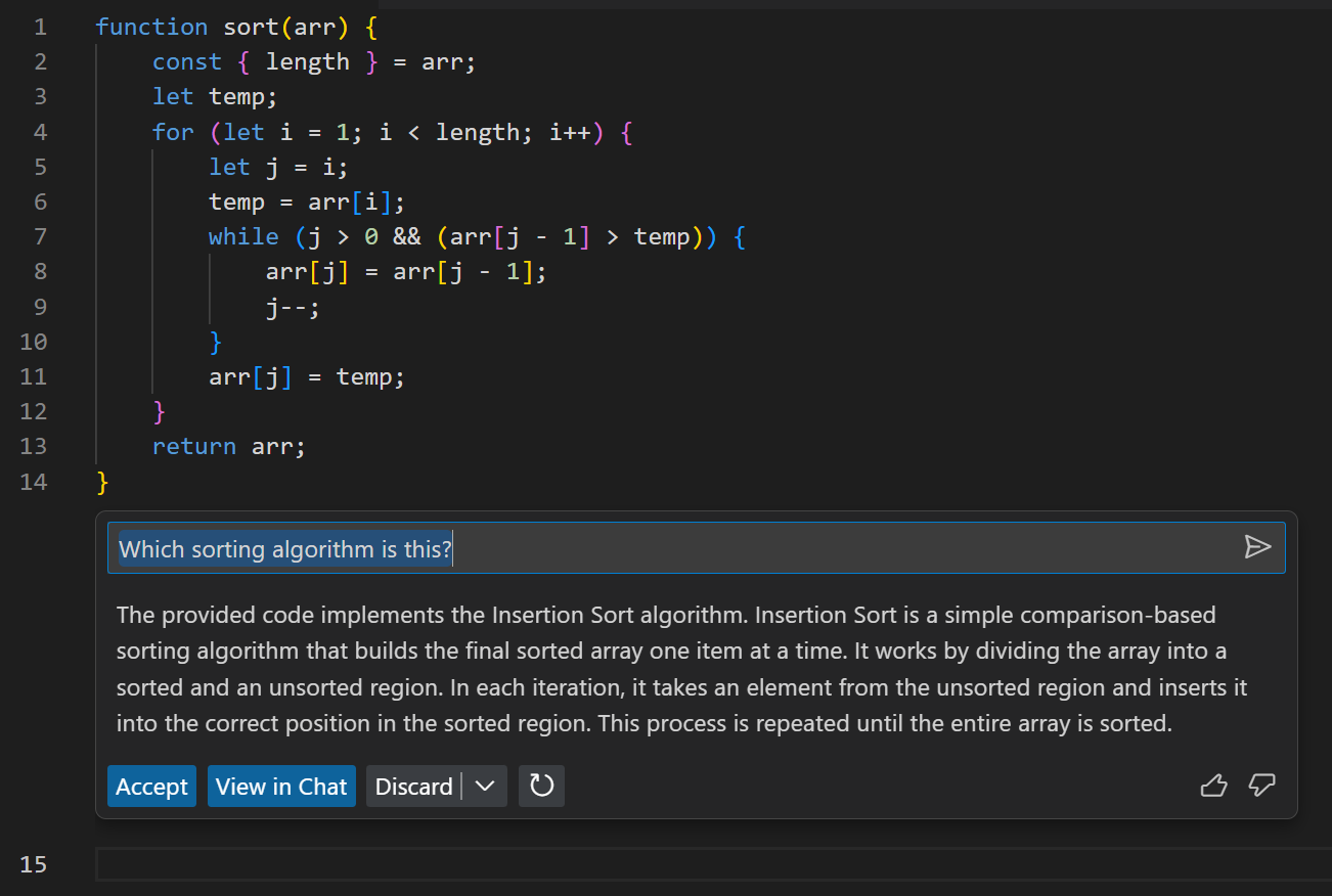 Inline chat explaining which sorting algorithm is used in the selected text