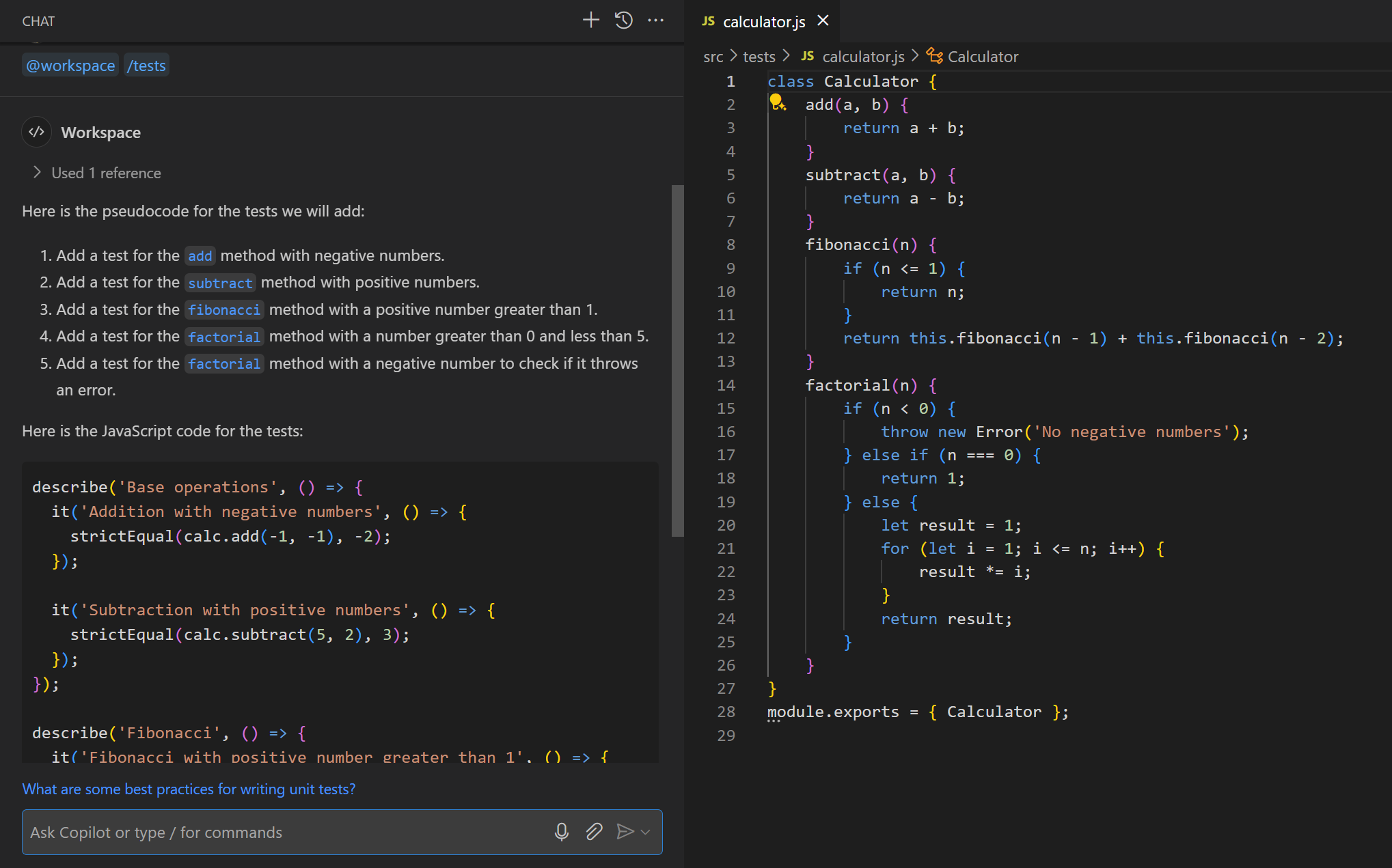 Chat view showing the /tests slash command to generate unit tests for the Divide method in a C# calculator class