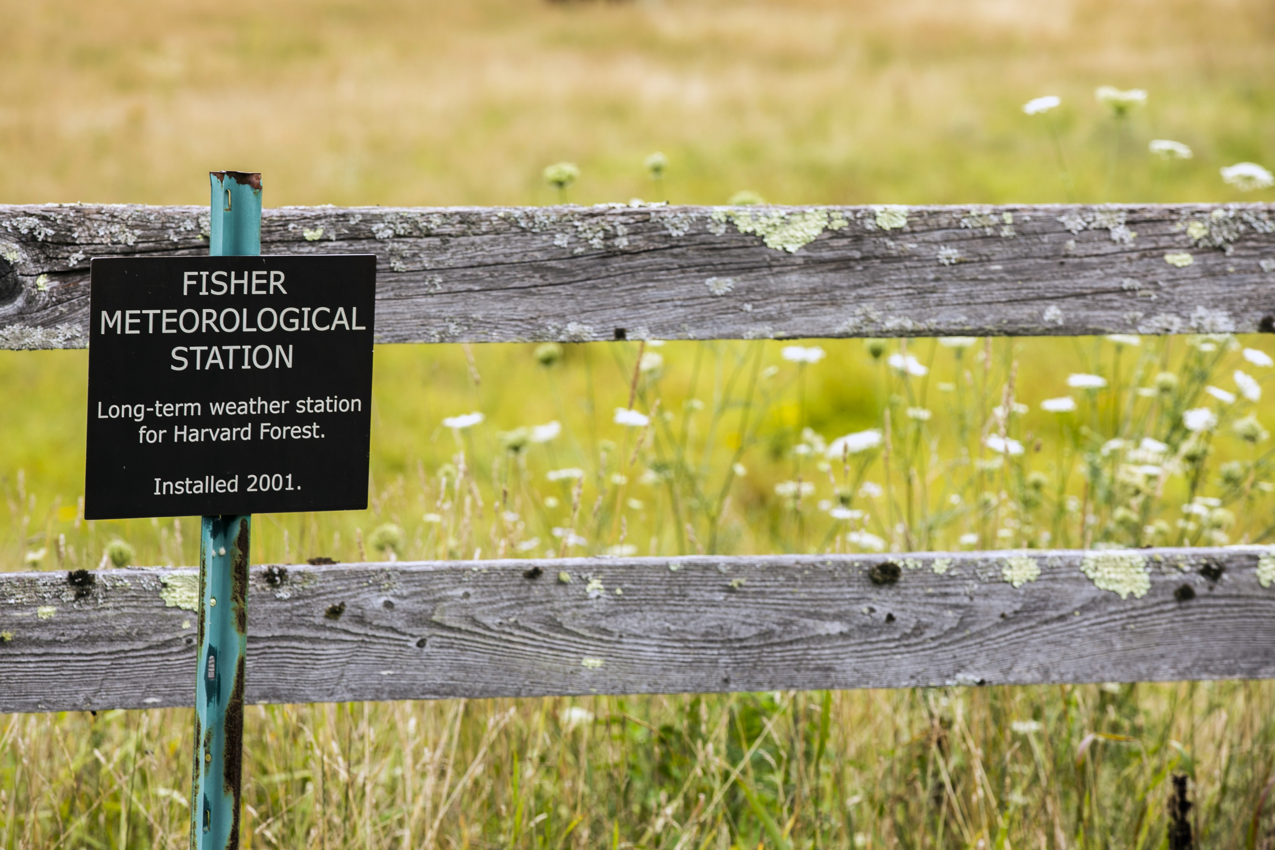 A sign for Fisher Meteorological Station by a field and fence