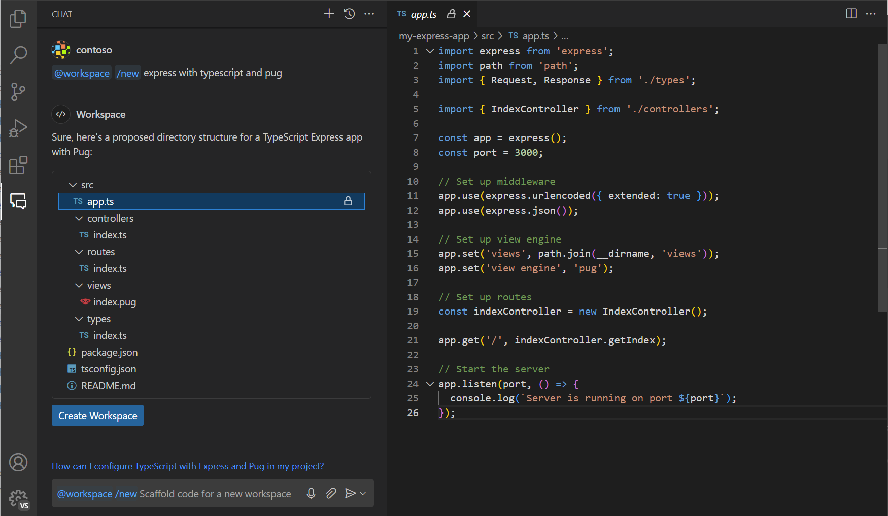 Asking the @workspace agent to scaffold a new Node.js project using TypeScript