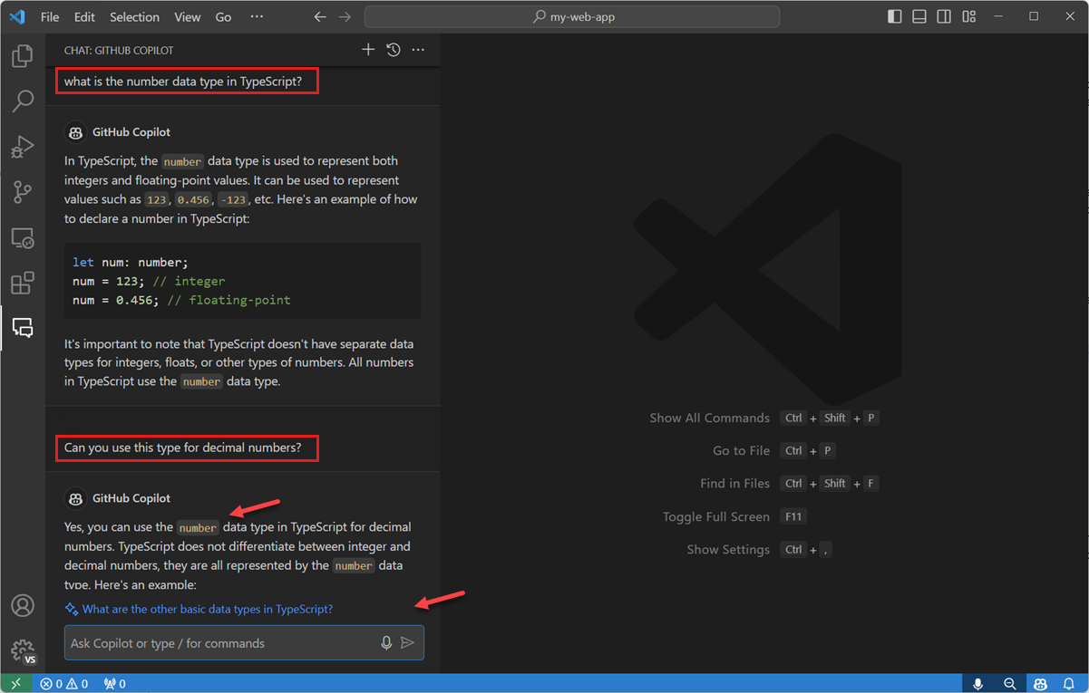 Chat view with multiple prompts, where Copilot understands that 'it' refers to the first prompt.