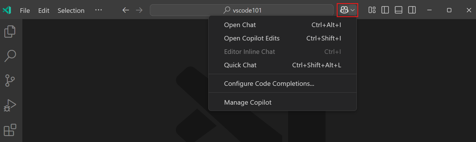 Screenshot of the Copilot Chat menu in the VS Code Command Center