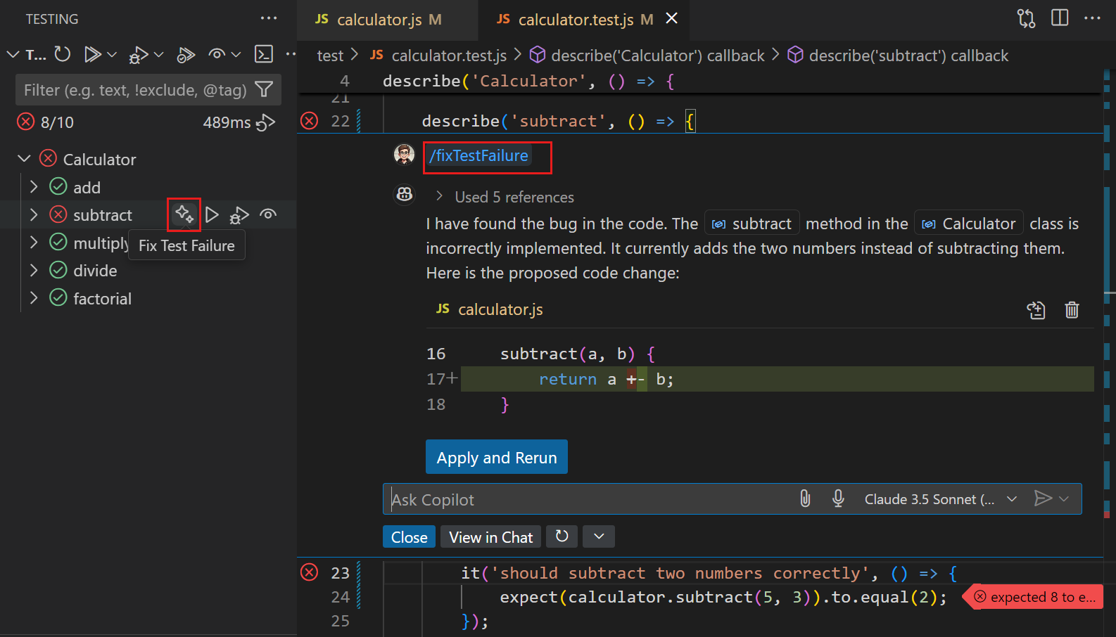 Copilot Chat /fixTestFailure for identifying and suggesting a fix for a failing test