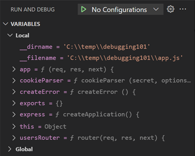 Screenshot of the Variables section in the Run and Debug view.