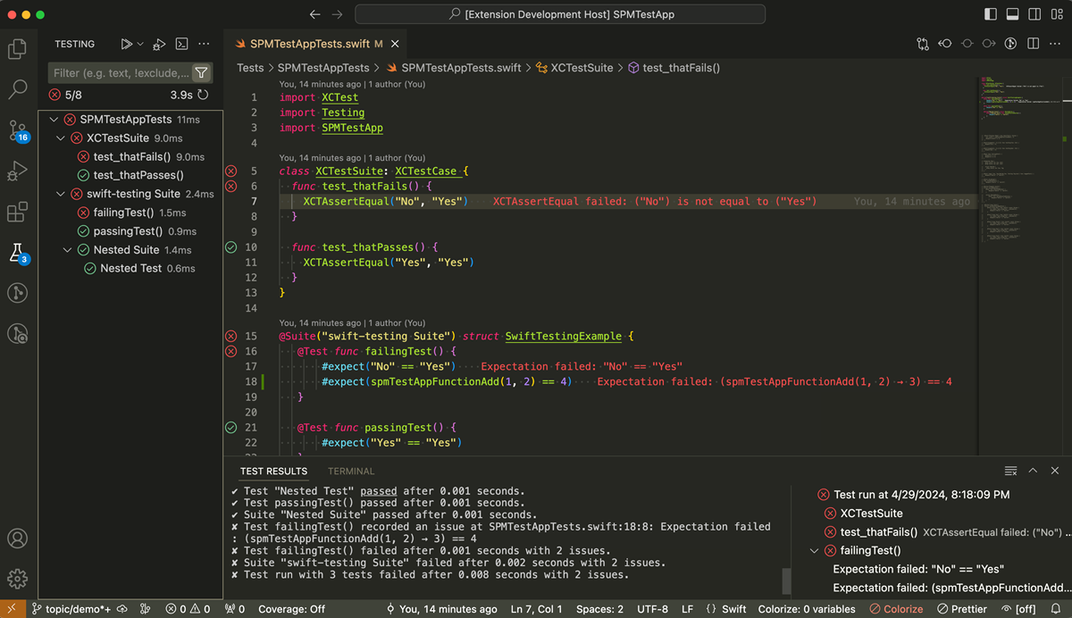 Inline test errors