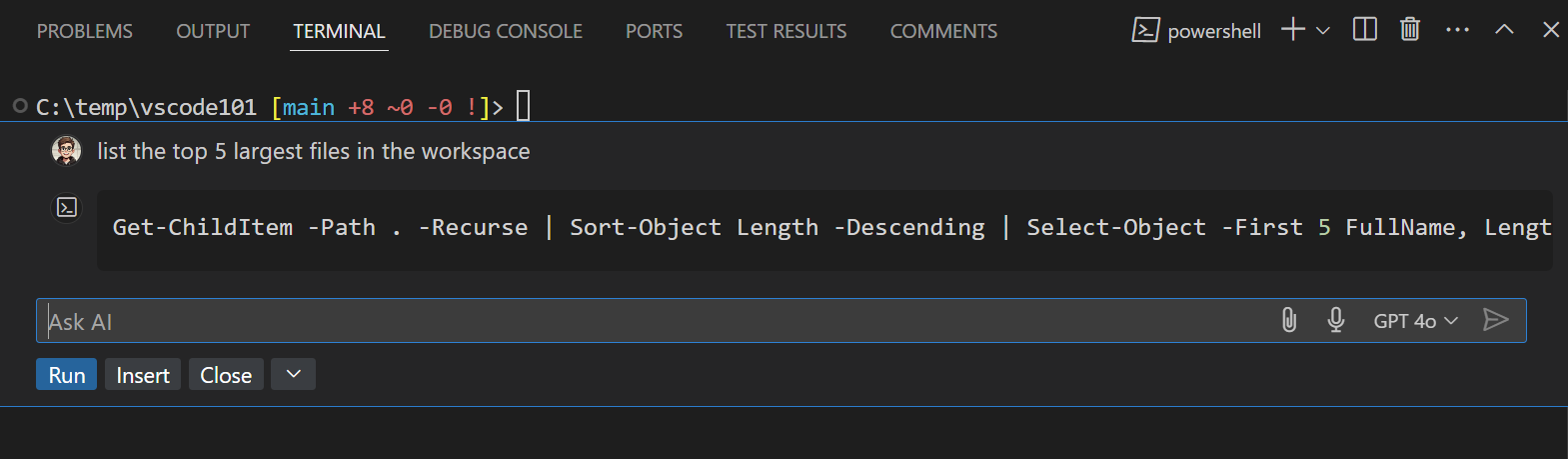 Terminal inline chat helps you quickly get and run shell commands