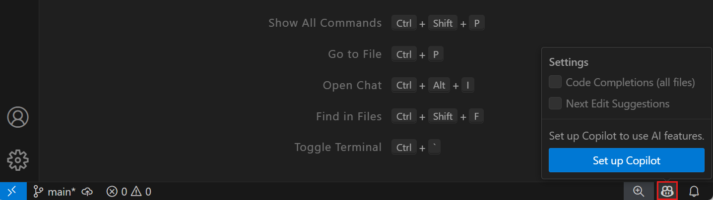 Hover over the Copilot icon in the Status Bar and select Set up Copilot.
