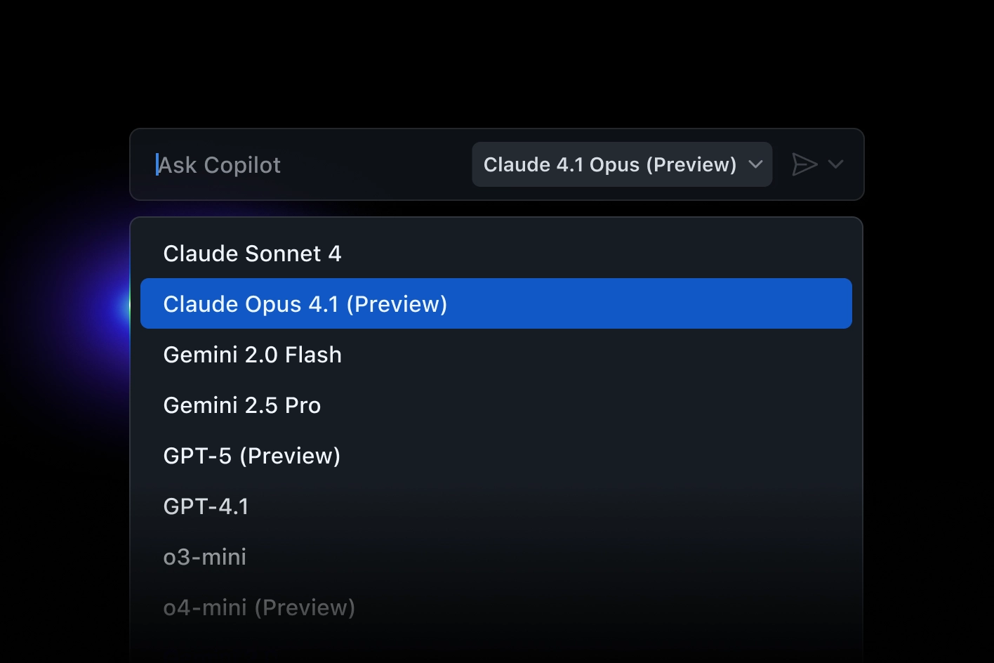 A dropdown menu lists some of GitHub Copilot Chat’s available models like Claude Sonnet 4, Claude Opus 4.1 (Preview), Gemini 2.0 Flash, Gemini 2.5 Pro, GPT-5 (Preview), GPT-4.1, o3-mini, and o4-mini (Preview).