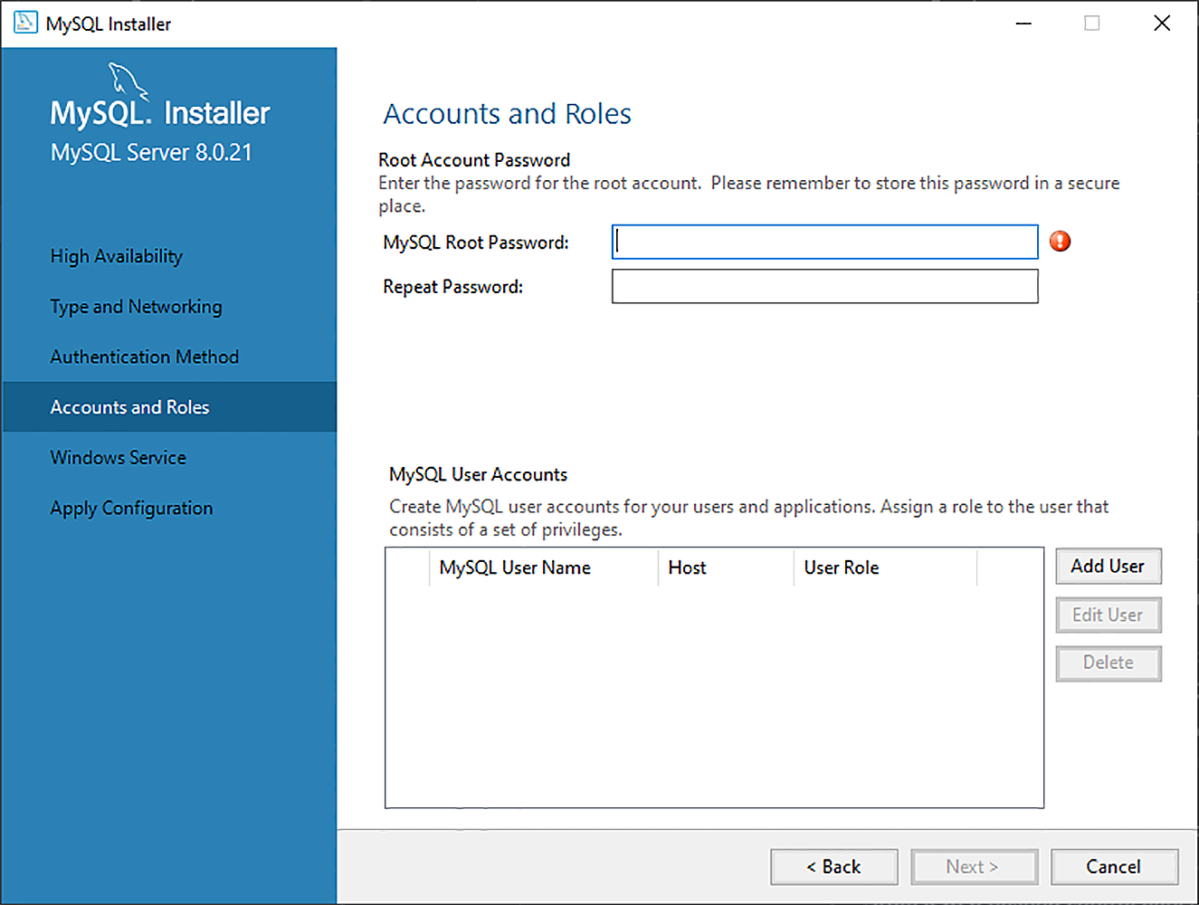 Snapshot of the mysql installation manager asking for login credentials