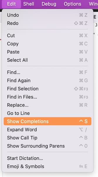 IDLE edit menu