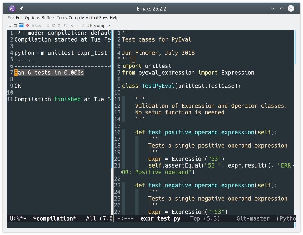Results of a Python unittest run in Emacs