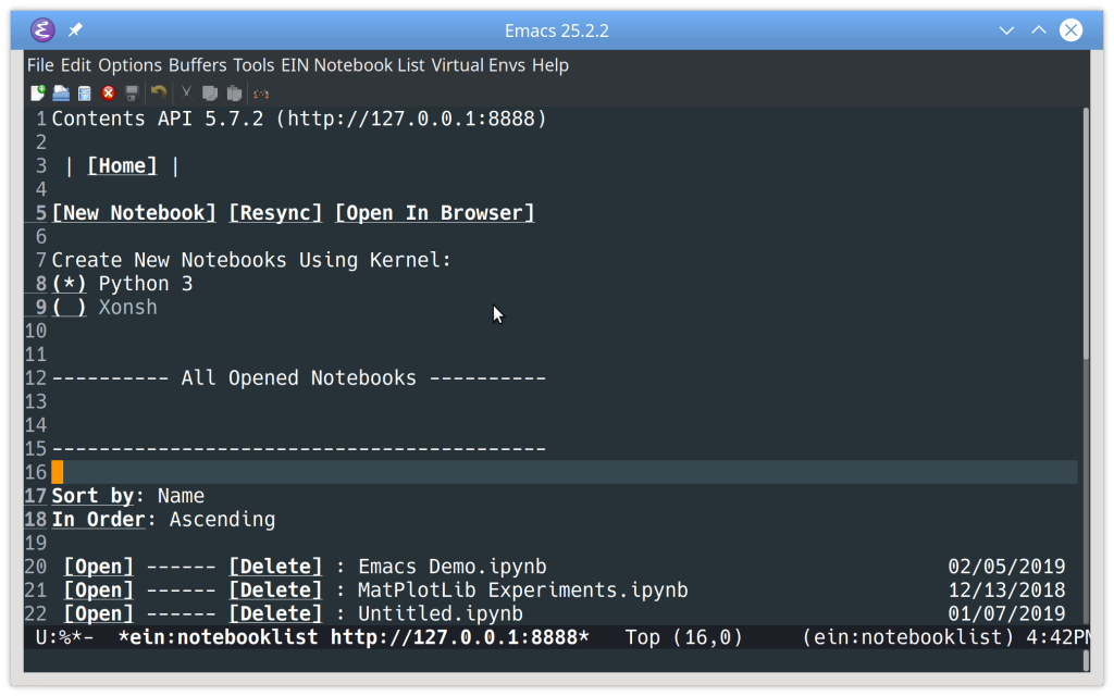 List of Jupyter notebooks available in Emacs using ein
