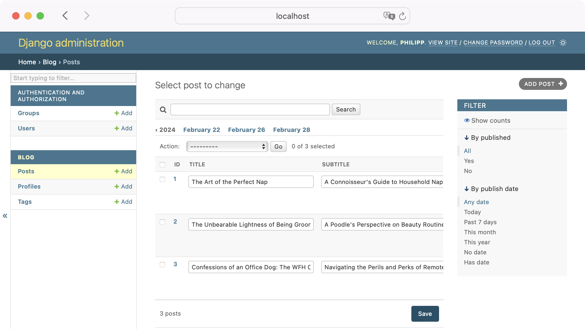 Overview of the blog posts in the Django admin interface