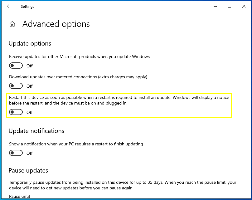Windows Settings to turn off auto reboot