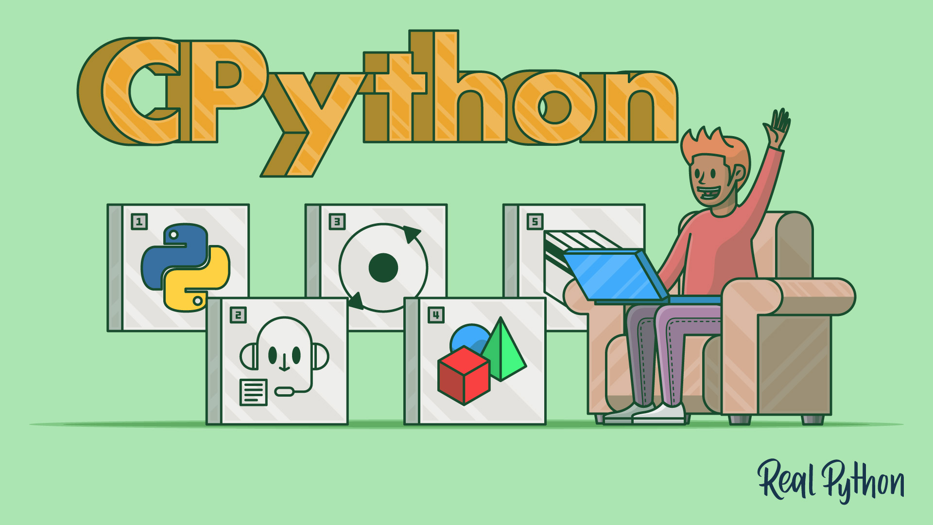 A person sitting on a futon, waving an arm, with CPython themed boxes and the title floating around them