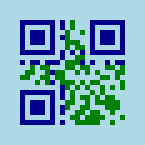 This is an image of a QR Code with green dark data modules on a light blue background