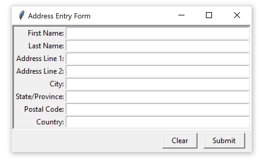 An address entry form window built with Tkinter